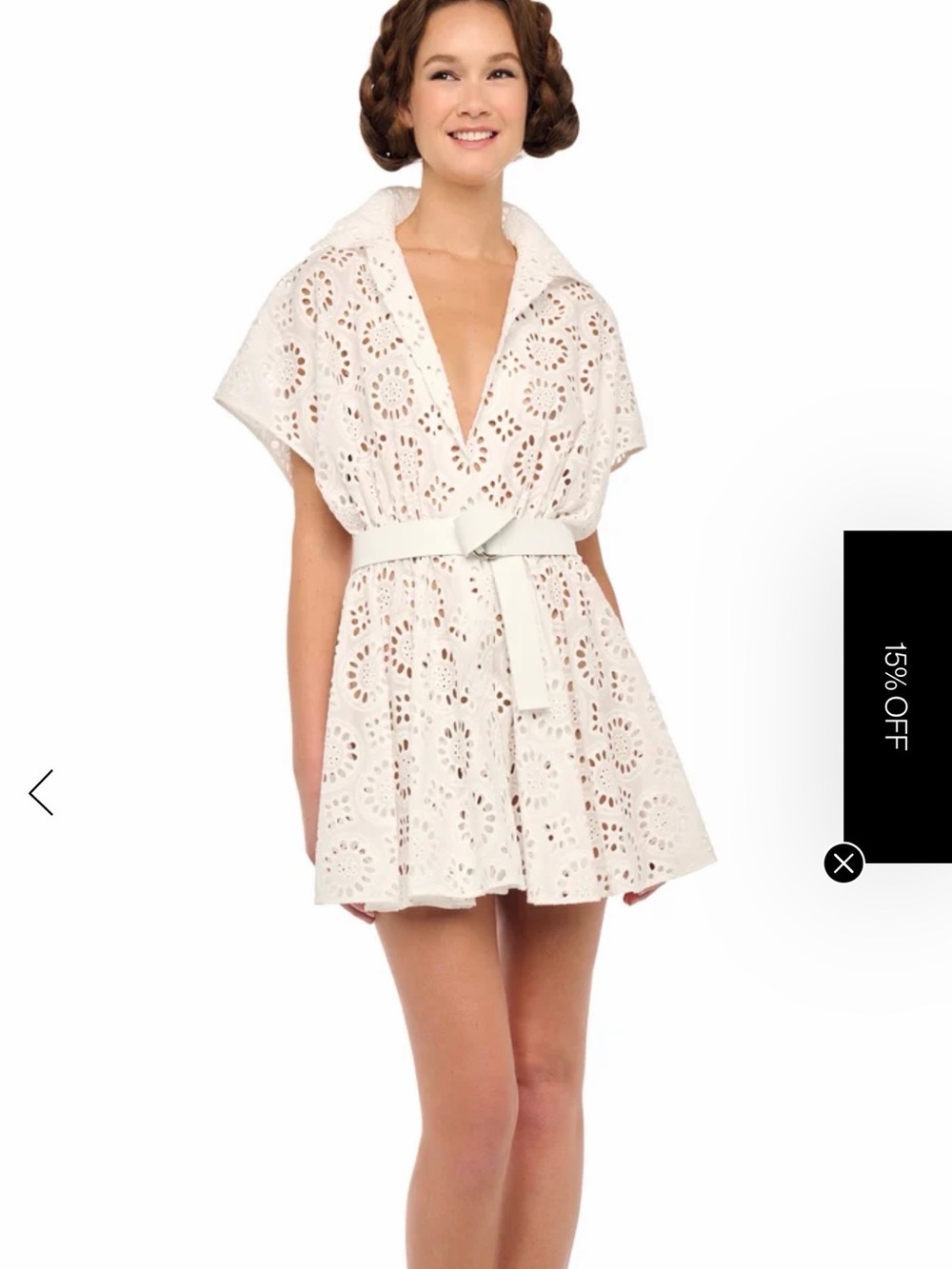 Norma Kamali White Eyelet V‑Neck Mini Dress with Tie Belt